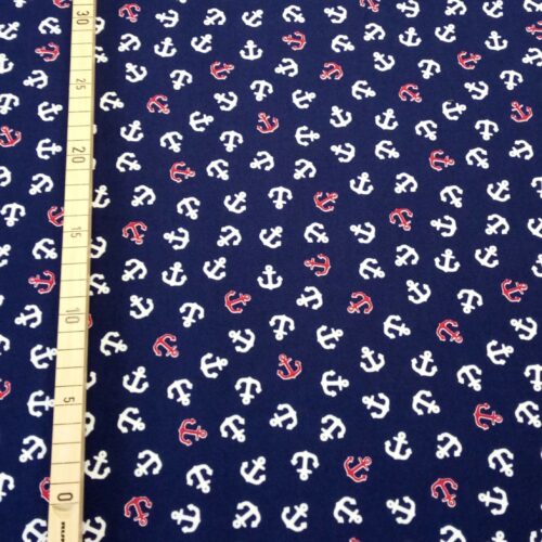 Druckstoff blau mit weißen und roten Ankern "Hamburg"