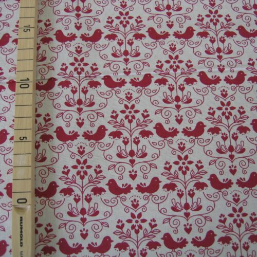 Druckstoff beige mit roten Vögeln und Blumen "Trondheim"