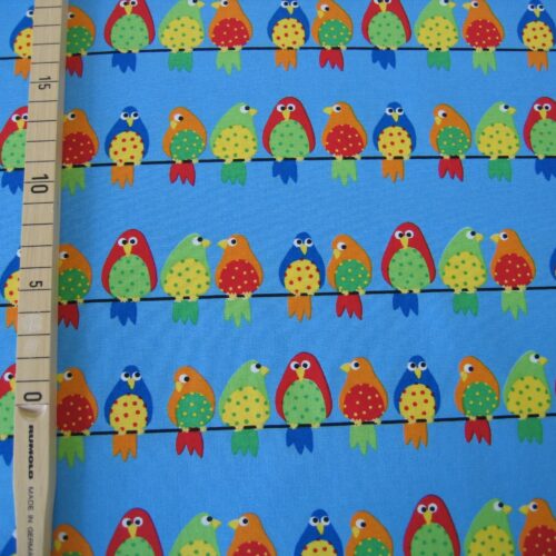 Druckstoff blau mit bunten Vögeln "Junge Linie"