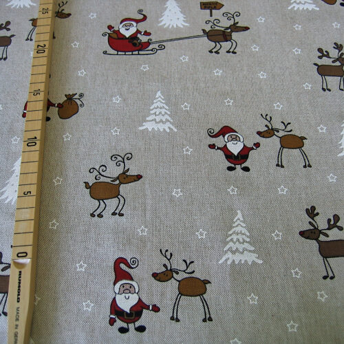 Canvas natur (Leinenlook) mit Weihnachtsmann und Rentier "Santa Reindeer Sleigh"