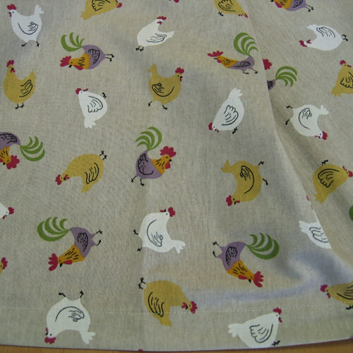 Tischdecke Canvas natur (Leinenlook) mit bunten Hühnern (100x100)