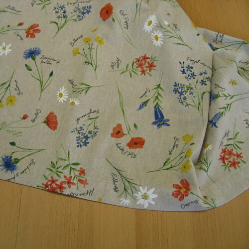 Tischdecke Canvas natur (Leinenlook) mit bunten Blumen mit Namen (100x100)