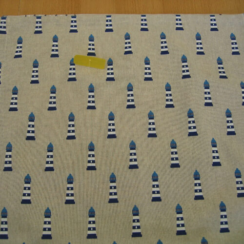 Tischdeckchen Canvas natur (Leinenlook) mit blau-weißen Leuchttürmen (50x50)