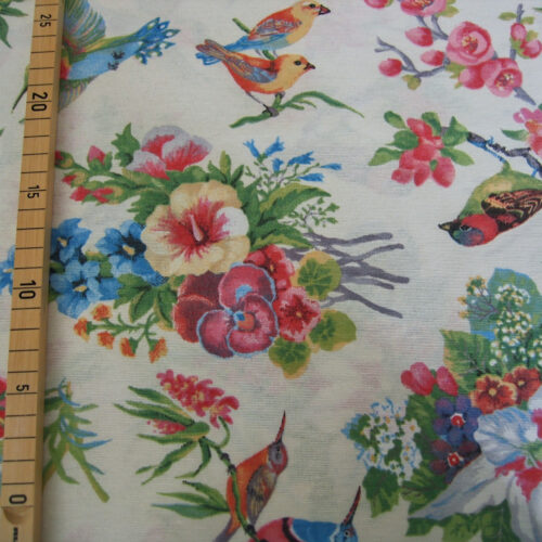 Canvas hellbeige mit bunten Vögeln und Blumen