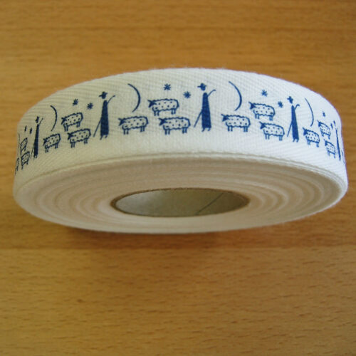 Druckband 20 mm weiß mit blauen Schäfermotiven