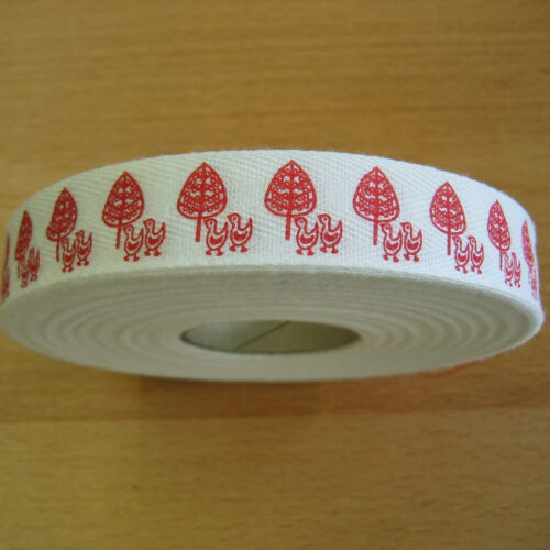 Druckband 20 mm weiß mit roten Entenmotiven