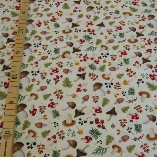 Druckstoff beige/weiß mit Pilzen, Blättern, Beeren